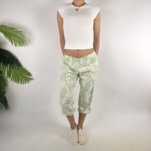 Vintage Y2K Green Floral Elastic Waist Pants Cottagecore Linen Capris / Small